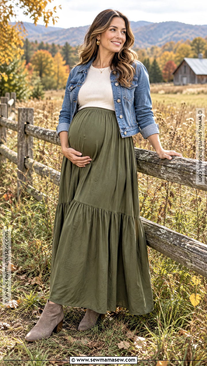 Olive Maternity Skirt With a Fitted Knit Top - 15 fall maternity photo outfits