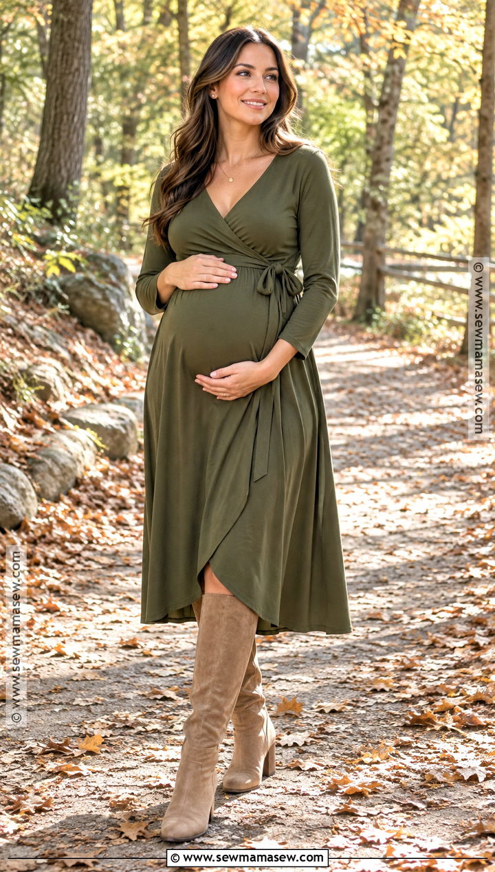 Olive Maternity Wrap Dress With Suede Boots - 20 Fall Maternity Photoshoot Outfits