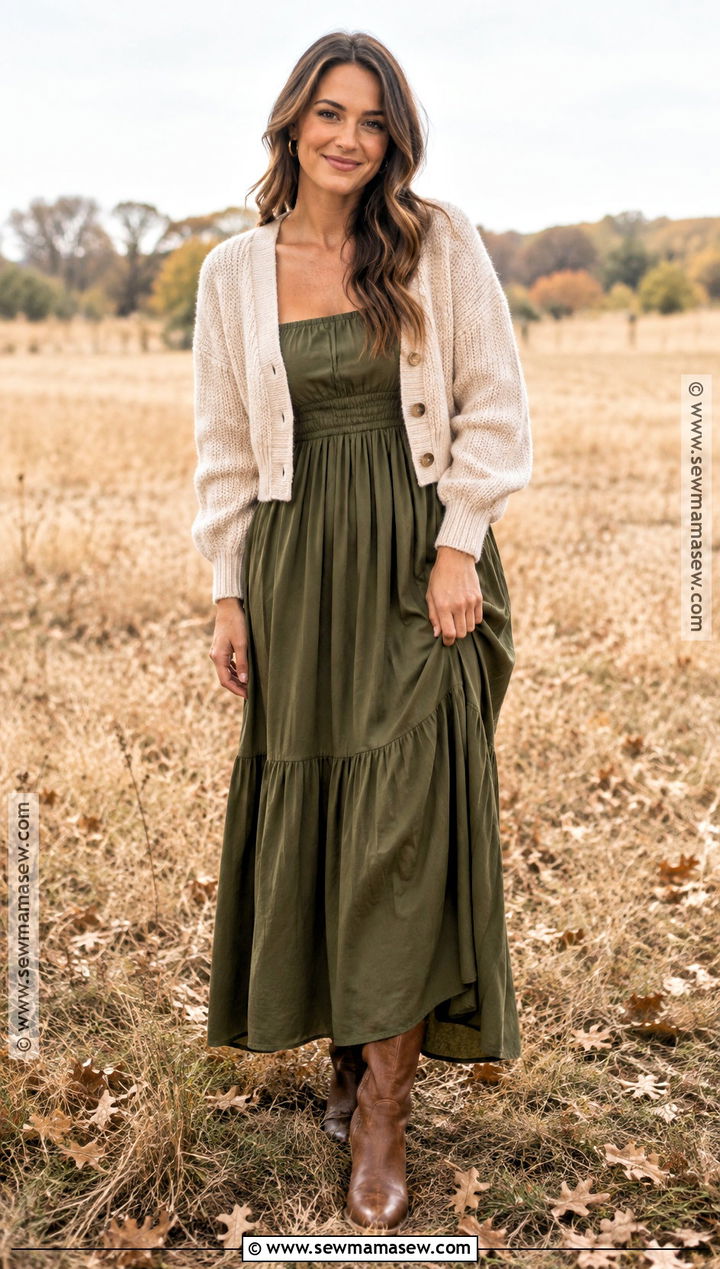 Olive Maxi Dress And Brown Boots For Fall Family Photos - 20 Fall Dress For Family Photos Ideas