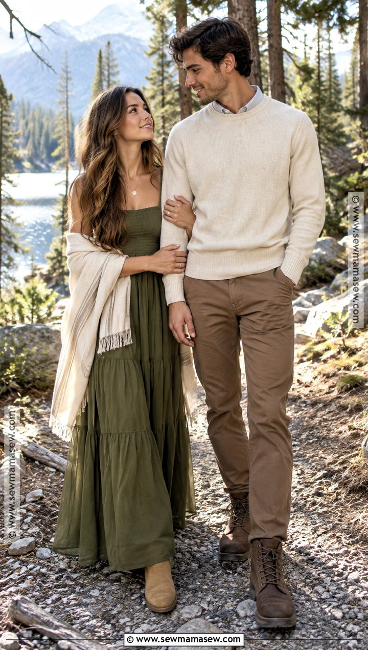 Olive Maxi Dress And Cream Sweater September Couple Outfit - 15 september couple photoshoot outfits
