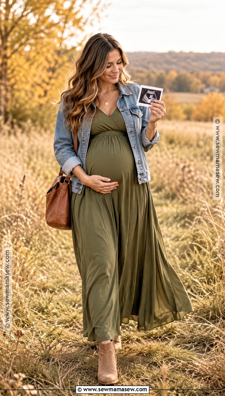 Olive Maxi Dress And Denim Jacket Pregnancy Announcement Outfit - 15 Pregnancy Announcement Fall Outfits