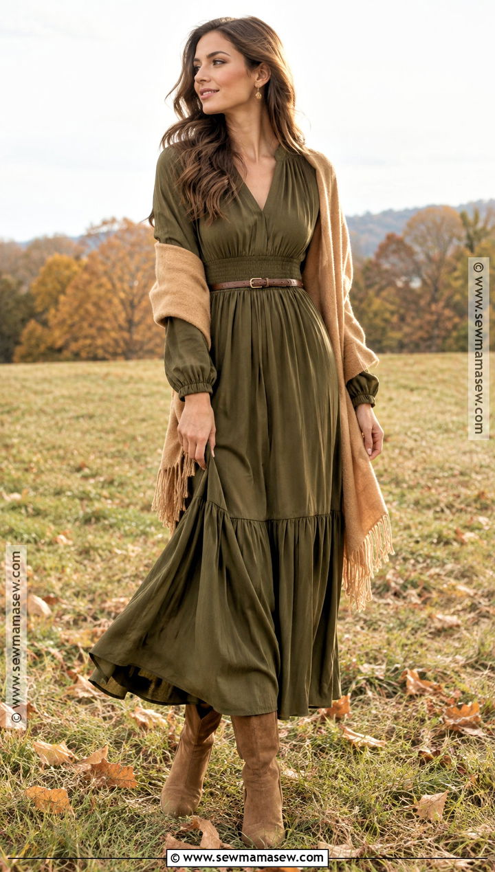 Olive Maxi Dress And Suede Boots Fall Picture Outfit - 20 fall picture outfits for women