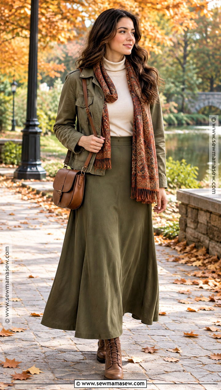 Olive Maxi Skirt And Utility Jacket Apostolic Fall Outfit - 15 fall outfits apostolic fashion