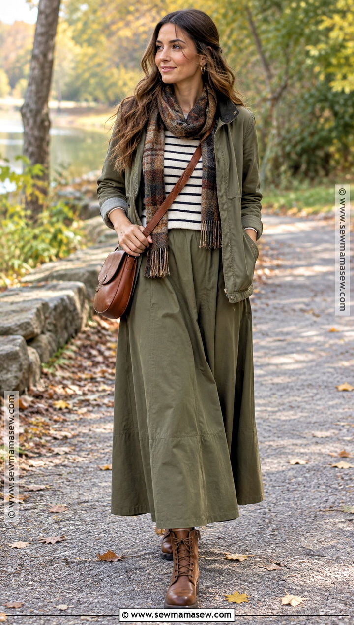 Olive Maxi Skirt With Striped Top And Field Jacket - 20 maxi skirt outfit autumn ideas