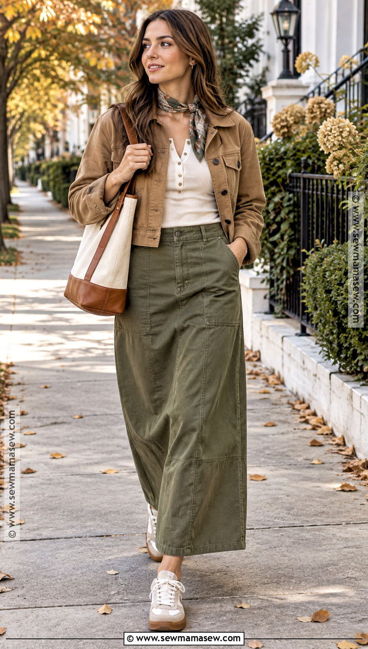 Olive Maxi Skirt With Utility Jacket And Sneakers - 25 fall maxi skirt outfits