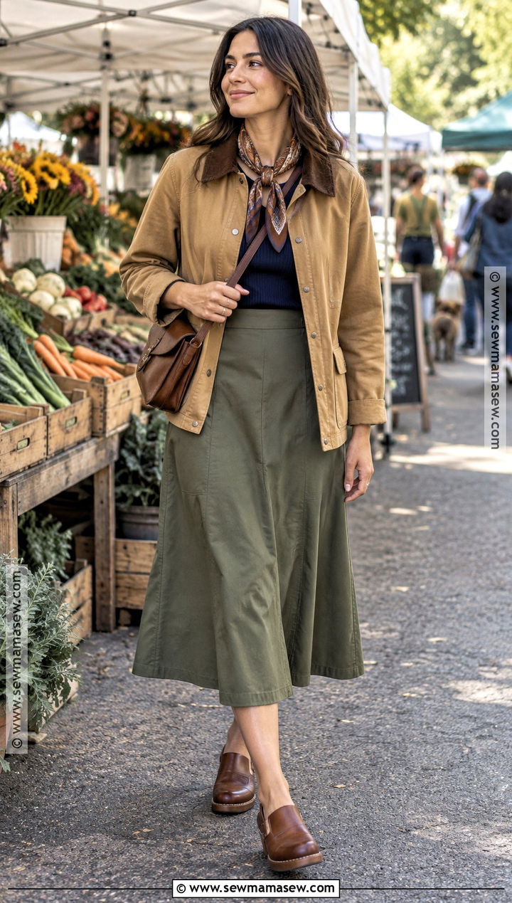 Olive Midi Skirt With Navy Top And Barn Jacket - 20 midi skirt fall outfit ideas