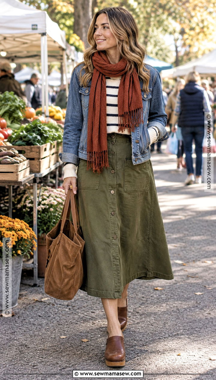 Olive Midi Skirt With Striped Sweater And Clogs - 25 fall outfits skirt