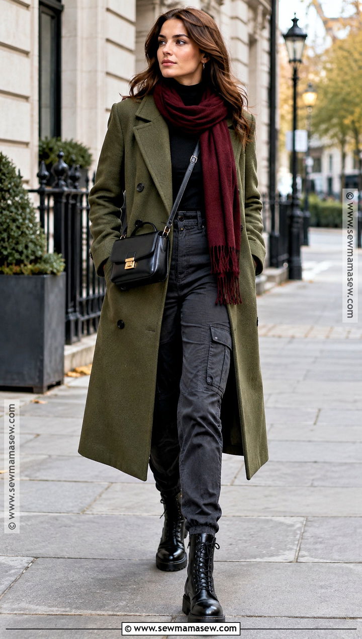 Olive Military Coat With Turtleneck And Cargo Pants - 25 fall coat ideas