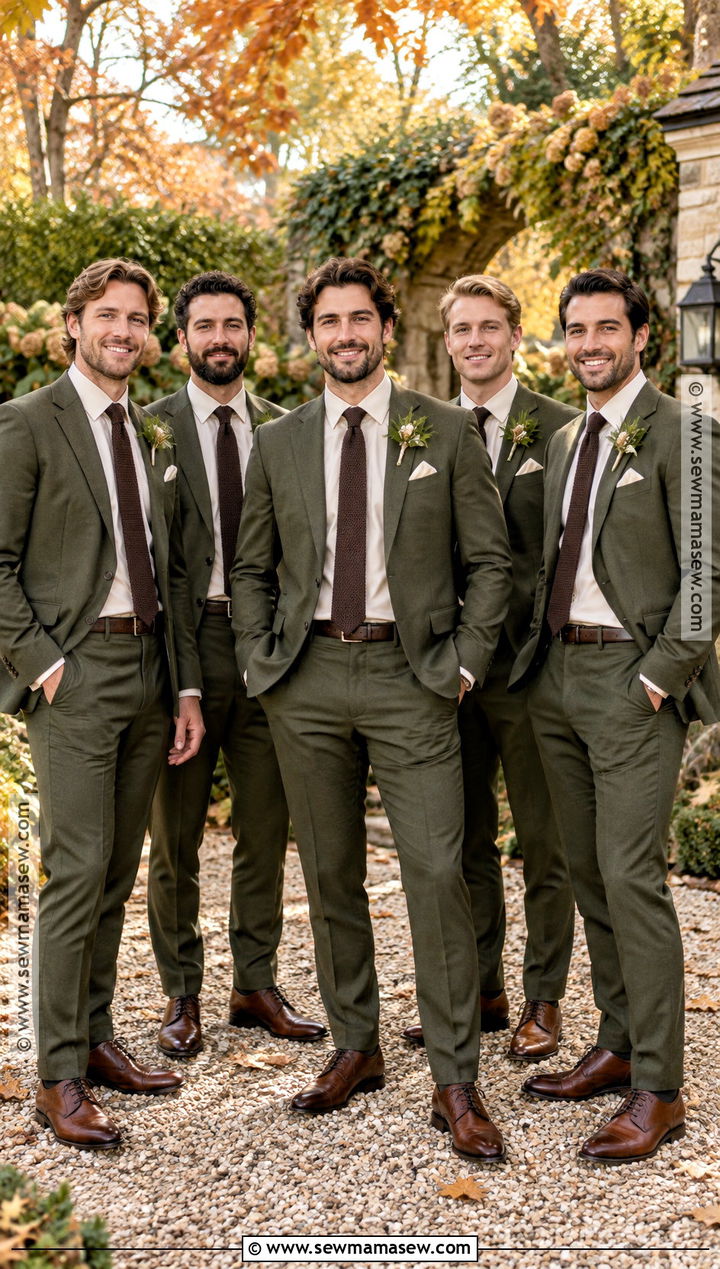 Olive October Groomsmen Suit With Brown Shoes - 15 october groomsmen attire ideas