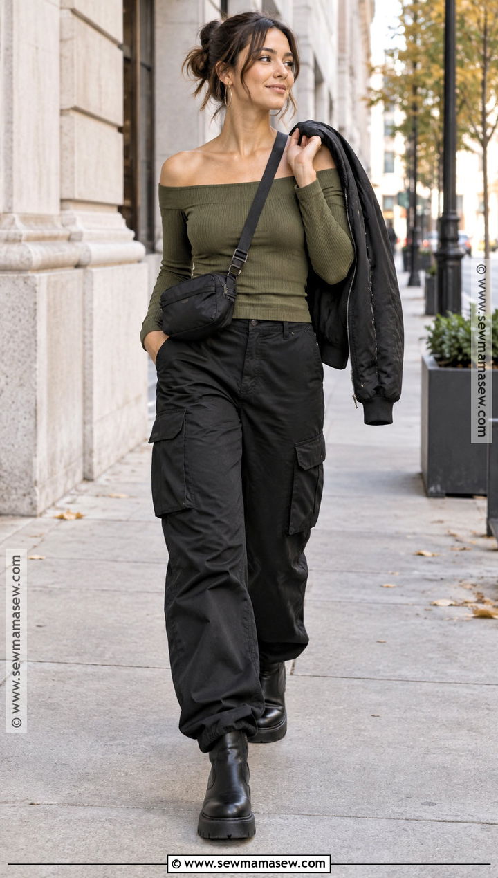 Olive Off the Shoulder Top With Cargo Pants - 15 off-the-shoulder top fall fashion ideas