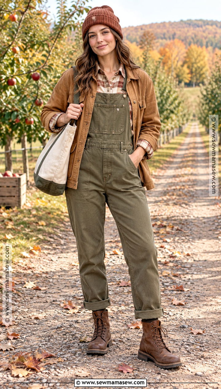 Olive Overall Outfit With Plaid Shirt - 20 overall outfit fall ideas