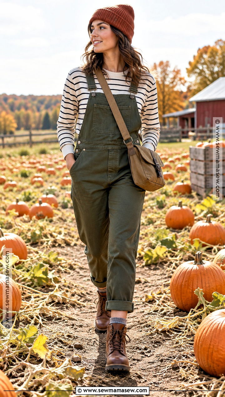 Olive Overalls With A Striped Long Sleeve Shirt - 15 Pumpkin Patch Overalls