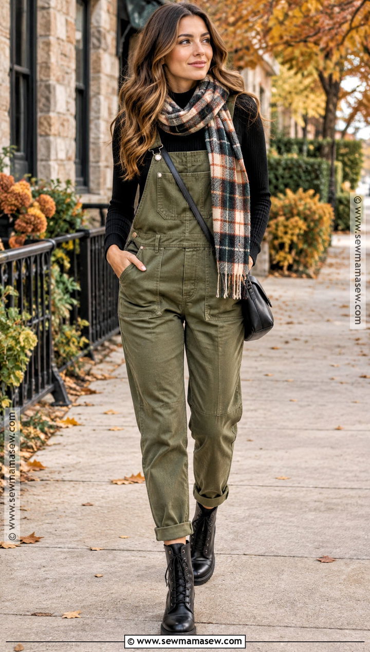 Olive Overalls With Mock Neck and Combat Boots - 20 styling overalls fall