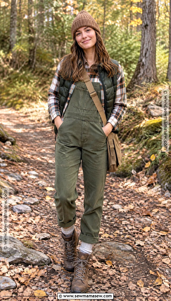 Olive Overalls With Plaid Shirt And Hiking Boots - 15 Cute Fall Outfits Overalls