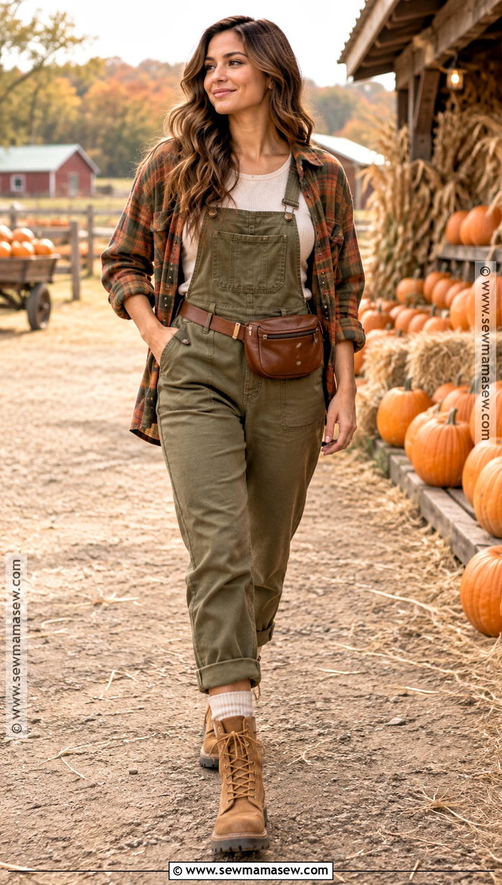 Olive Overalls With Plaid Shirt And Work Boots - 20 Pumpkin Patch Outfit Overalls