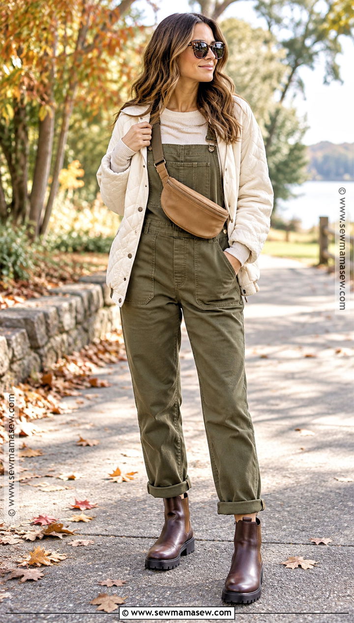Olive Overalls With Thermal Top and Chelsea Boots - 15 Overalls Aesthetic Fall