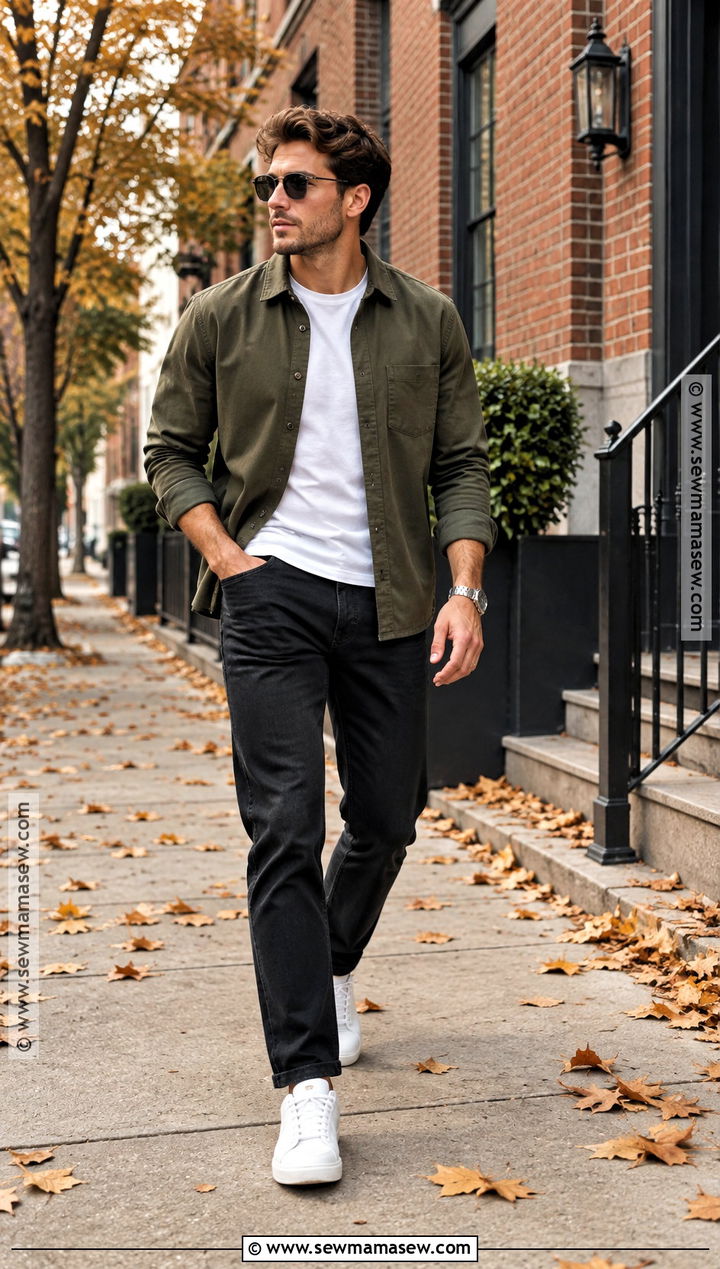 Olive Overshirt With Black Jeans - 15 fall photoshoot men outfits