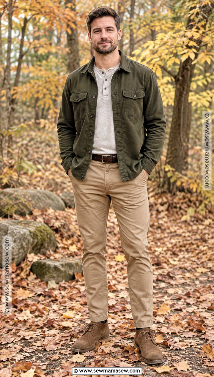 Olive Overshirt With Tan Chinos - 15 fall family photo outfits for men