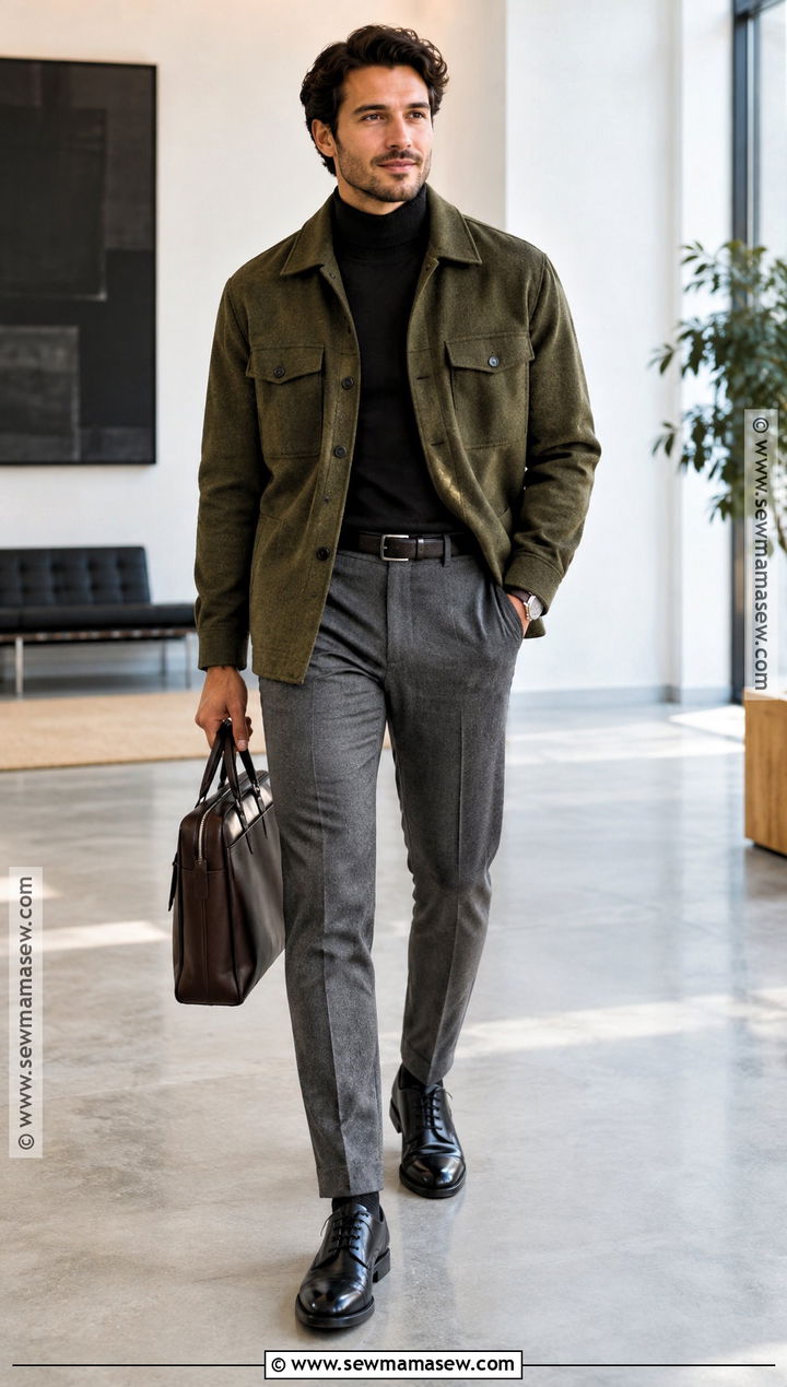 Olive Overshirt With Turtleneck And Gray Trousers - 15 men fall outfits business casual