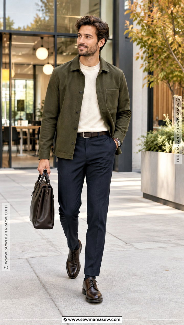 Olive Overshirt and Navy Trousers Fall Work Outfit - 15 fall work outfits for men