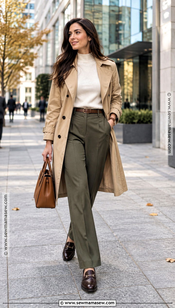 Olive Pants With Cream Mock Neck And Trench Coat - 15 olive pants outfit for work fall