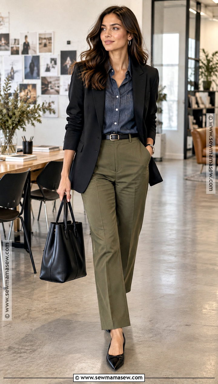 Olive Pants With Denim Shirt And Black Blazer - 15 olive pants outfit for work fall