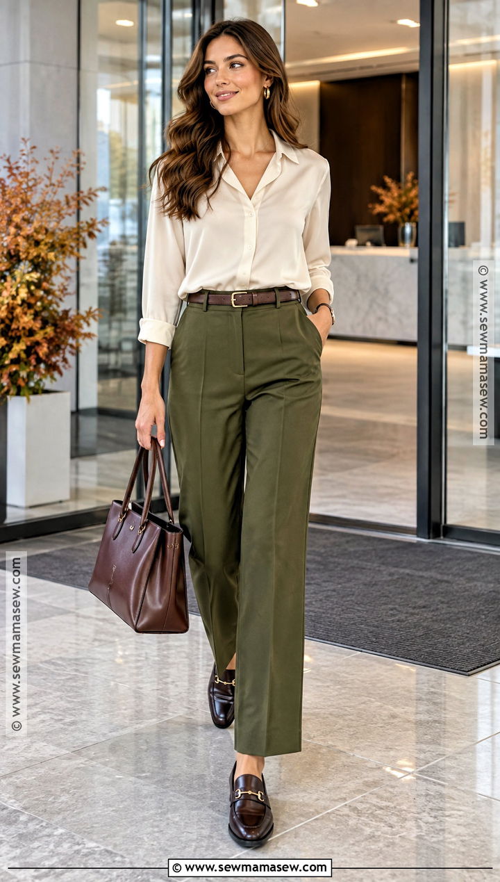Olive Pants With Ivory Blouse And Brown Loafers - 15 olive pants outfit for work fall