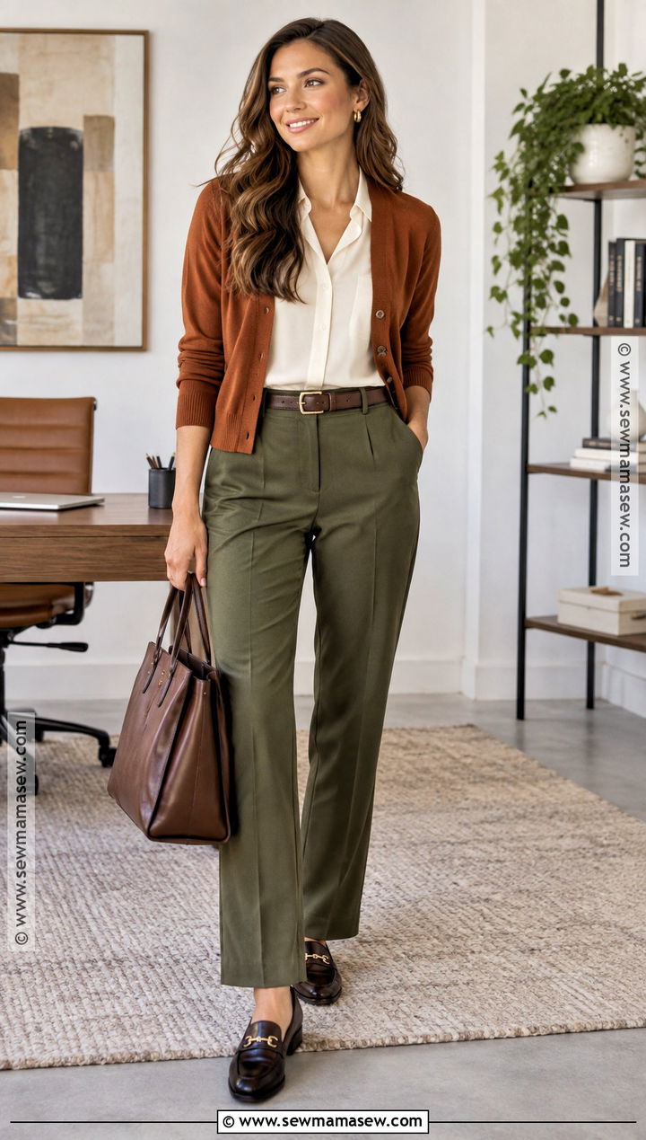 Olive Pants With Rust Cardigan And Cream Blouse - 15 olive pants outfit for work fall