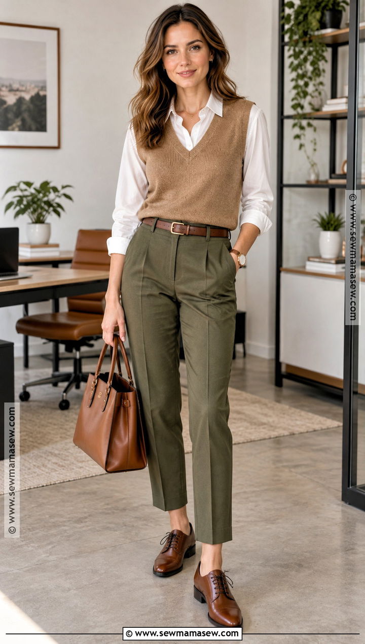 Olive Pants With Sweater Vest And White Shirt - 15 olive pants outfit for work fall