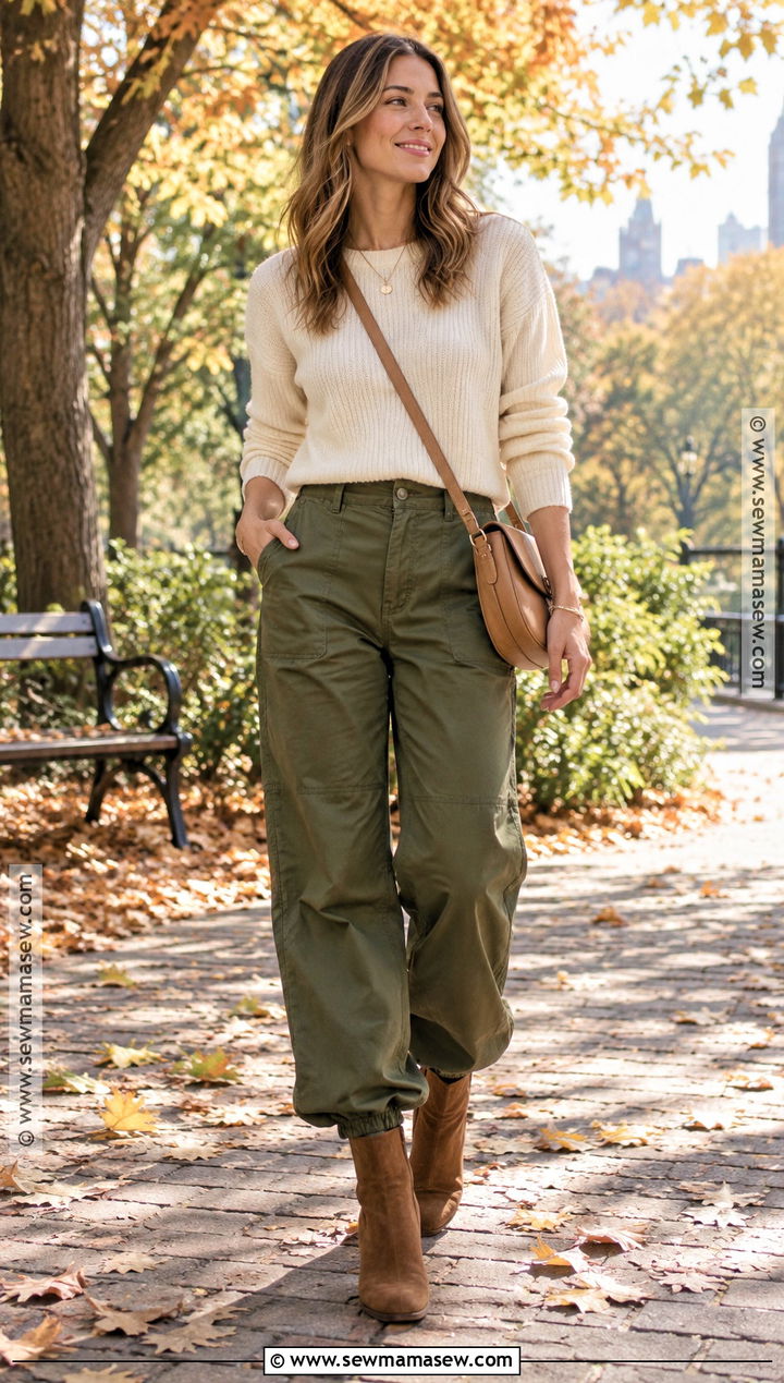 Olive Parachute Pants With Cream Sweater - 15 Fall Outfits Parachute Pants