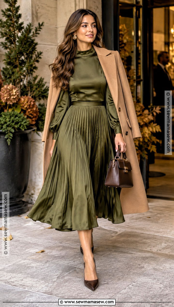 Olive Pleated Midi Cocktail Dress - 20 cocktail dress fall ideas