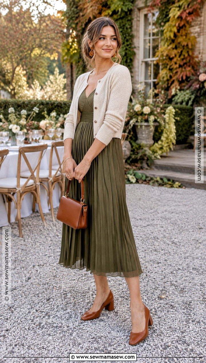 Olive Pleated Midi Fall Wedding Guest Dress - 15 Fall Wedding Guest Dress Casual Outdoor Ideas