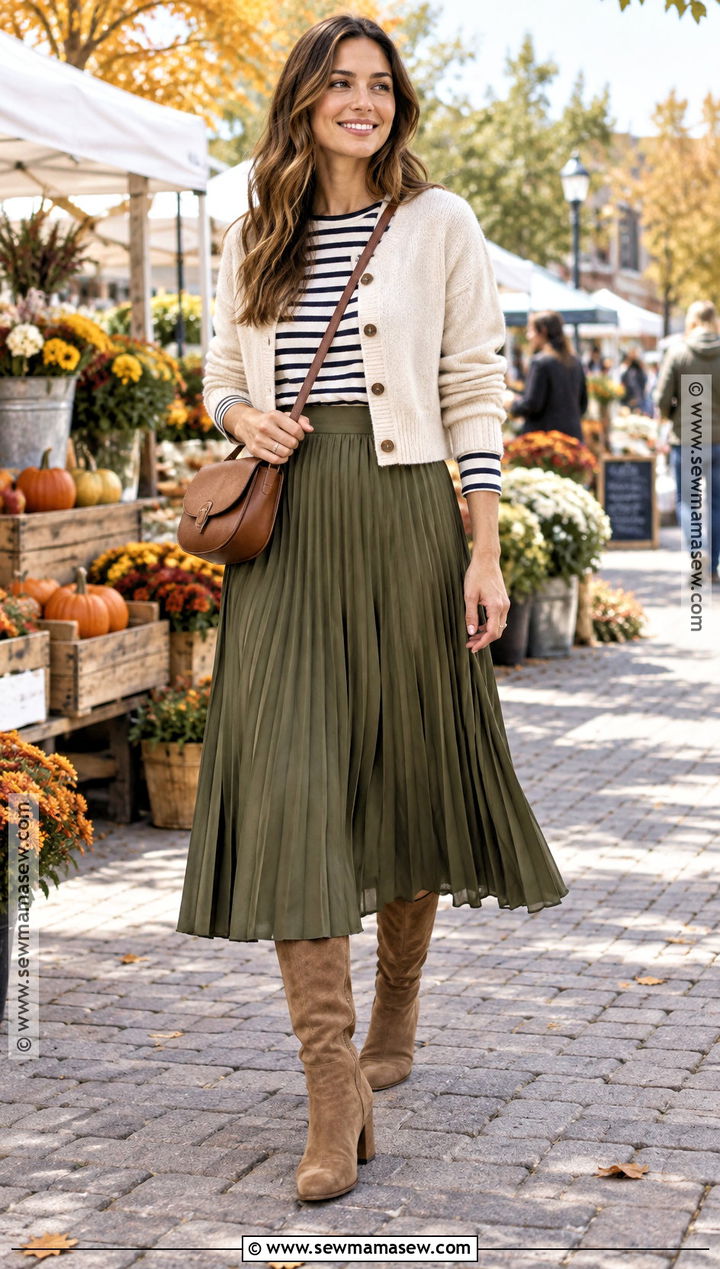 Olive Pleated Skirt With Striped Top And Suede Boots - 20 pleated skirt fall outfit ideas