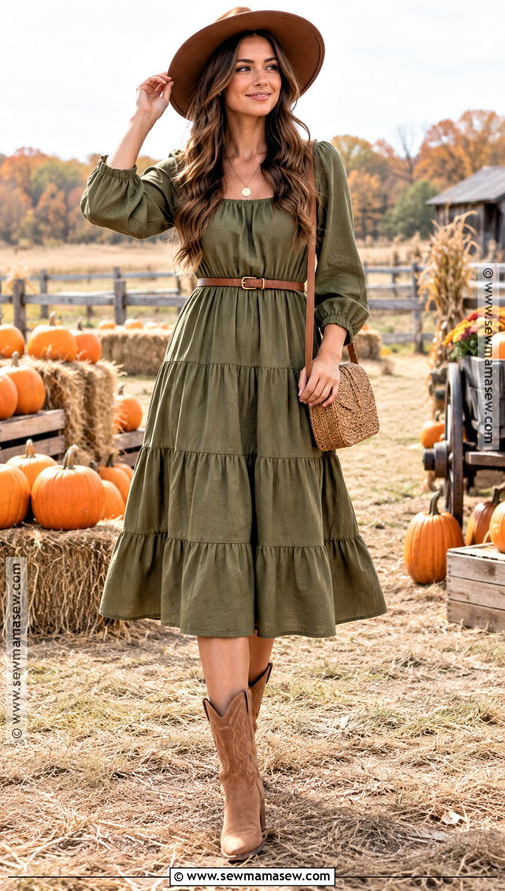 Olive Prairie Dress With Western Boots - 15 Autumn Pumpkin Dress Ideas