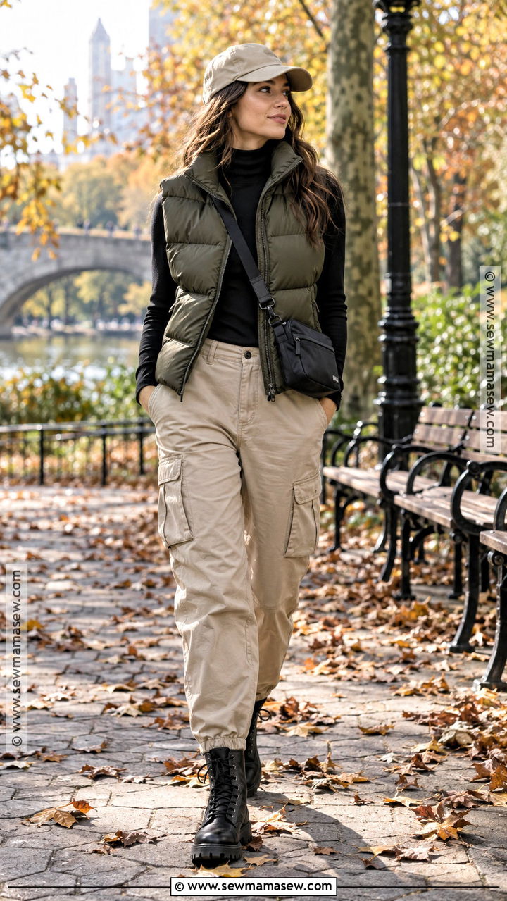 Olive Puffer Vest With Cargo Pants - 20 fall outfits puffer vest