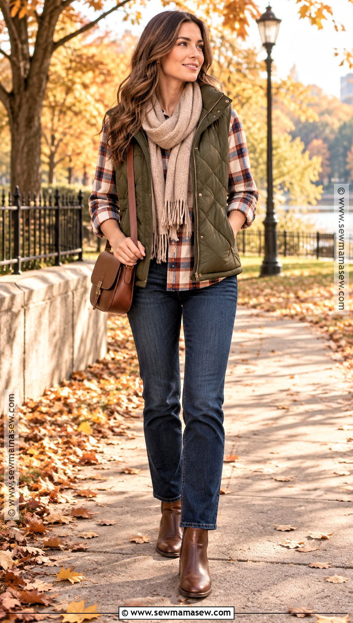 Olive Quilted Vest With Plaid Shirt And Jeans - 20 fall outfits with vest
