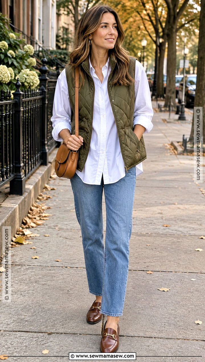 Olive Quilted Vest With White Shirt And Jeans - 20 vest autumn outfit ideas