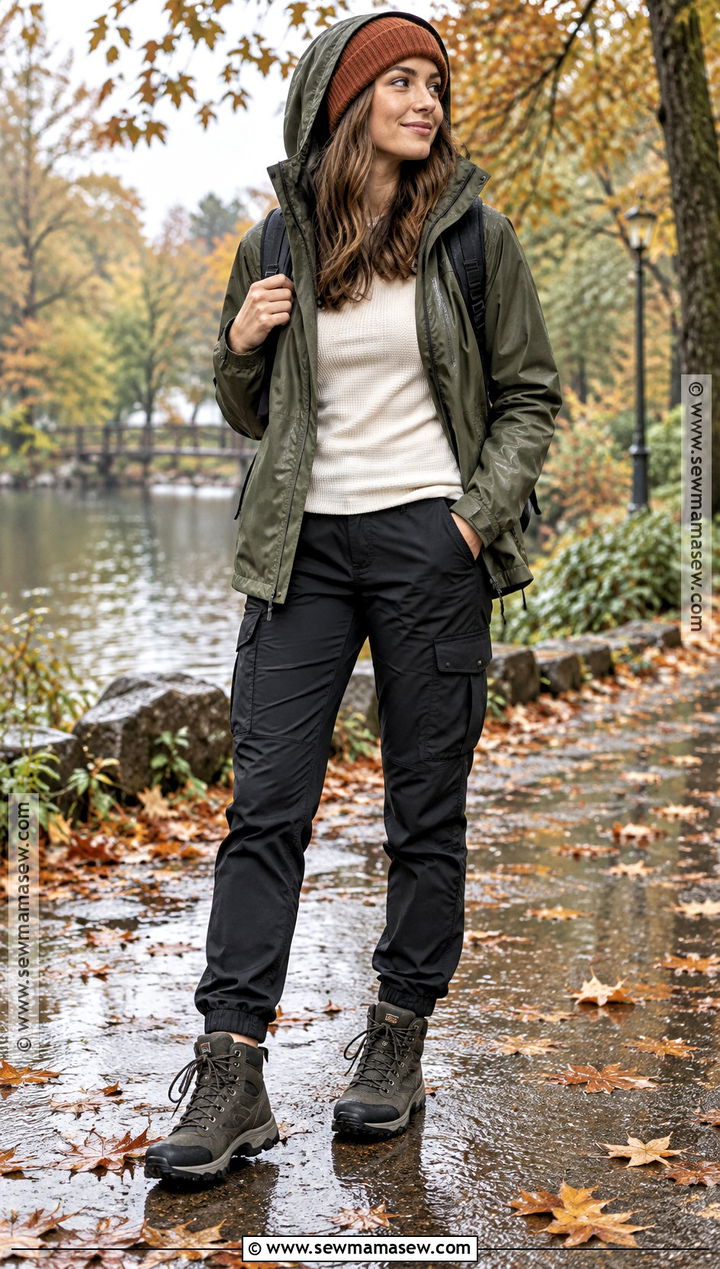 Olive Rain Jacket Cargo Pants And Waterproof Boots Outfit - 25 autumn rainy day outfit ideas
