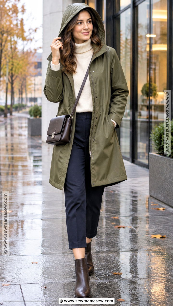 Olive Raincoat And Cropped Trousers Work Outfit - 20 Fall Rainy Day Outfits Work