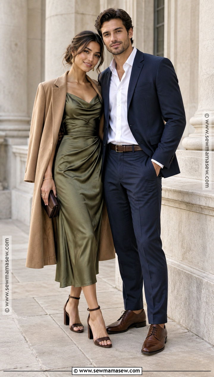 Olive Satin Dress Engagement Outfit - 15 engagement photoshoot outfit fall ideas