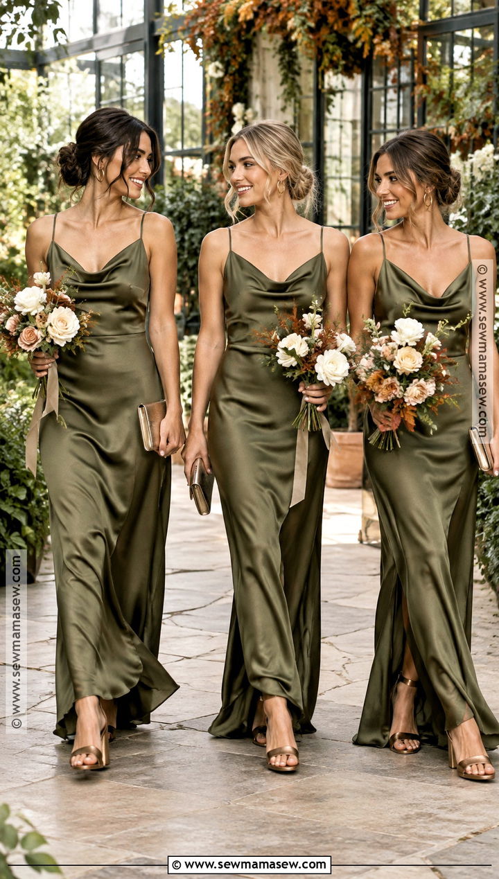 Olive Satin Fall Bridal Party Outfit - 20 fall bridal party attire ideas