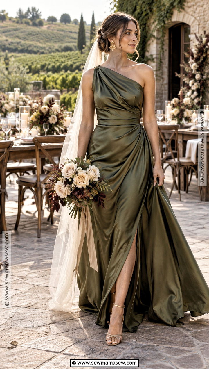 Olive Satin Fall Wedding Dress - 20 fall color wedding dress ideas