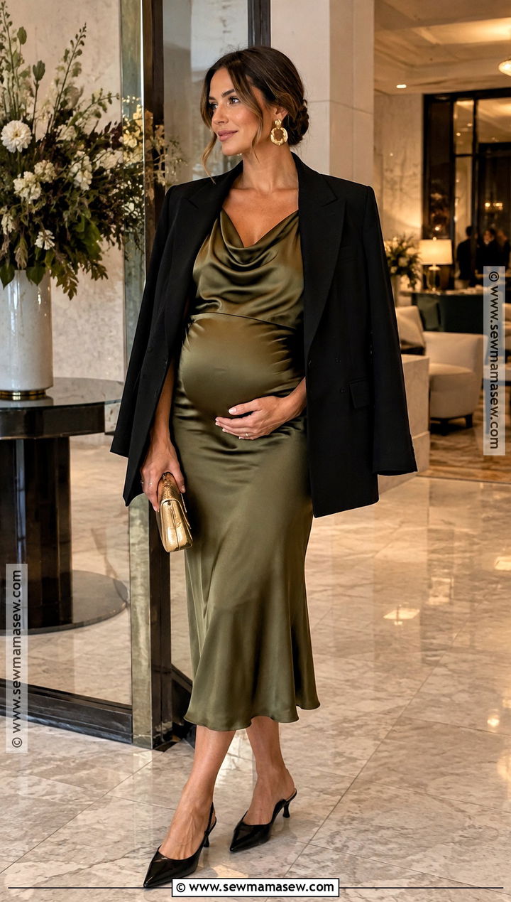 Olive Satin Maternity Midi Dress - 20 fall maternity wedding guest dress ideas