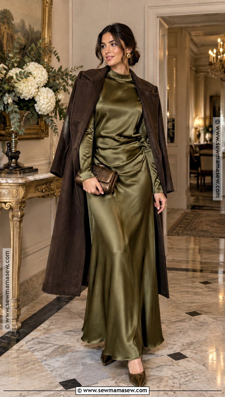 Olive Satin Maxi Dress For A November Wedding - 25 november wedding guest outfits