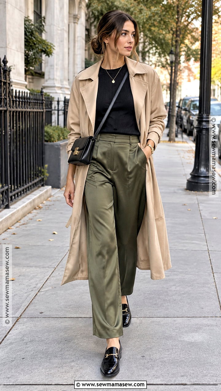 Olive Satin Pants With Trench Coat - 20 satin pants fall outfit