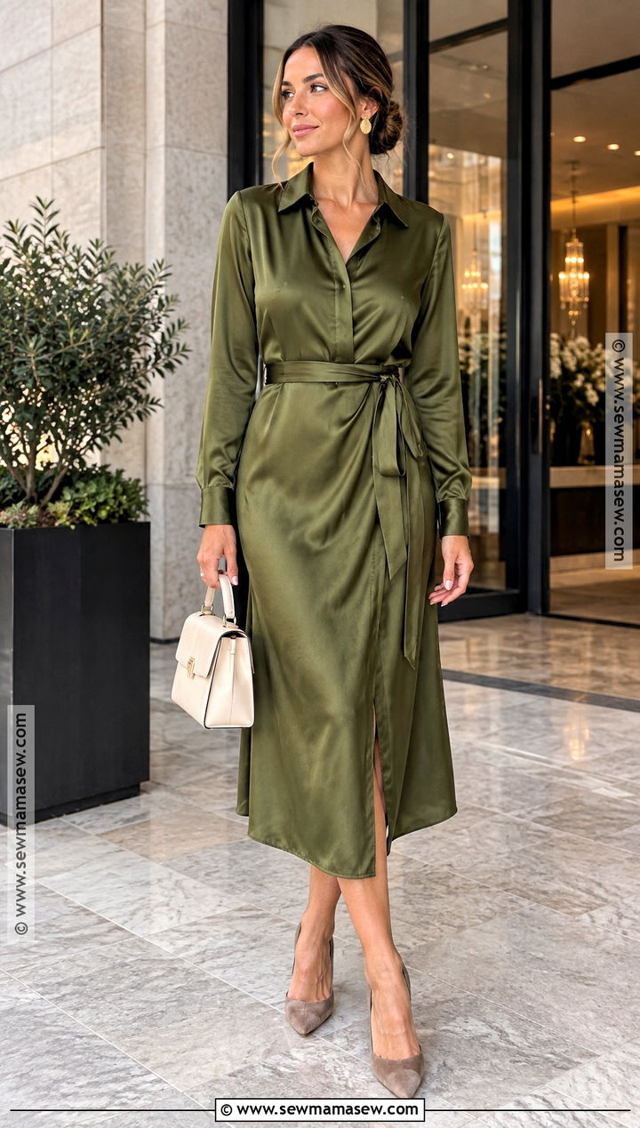 Olive Satin Shirt Autumn Wedding Guest Dress - 25 autumn wedding guest dress ideas
