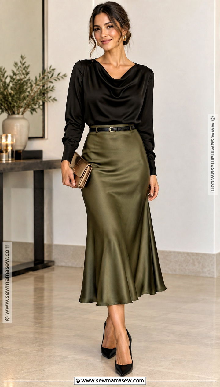 Olive Satin Skirt And Black Blouse Outfit - 15 Fall Wedding Outfits For Women Guest