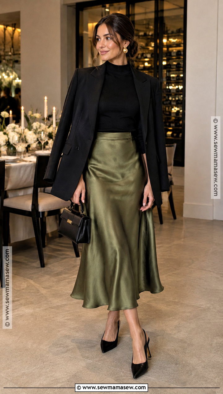 Olive Satin Skirt And Blouse Fall Wedding Guest Outfit - 30 fall wedding guest outfit ideas