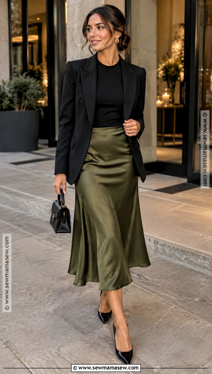 Olive Satin Skirt And Blouse Outfit - 15 Wedding Guest Fall Outfit Classy Ideas