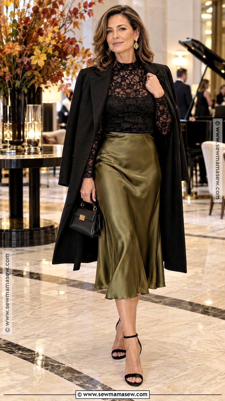 Olive Satin Skirt And Lace Top Fall Cocktail Outfit - 20 fall cocktail outfit ideas